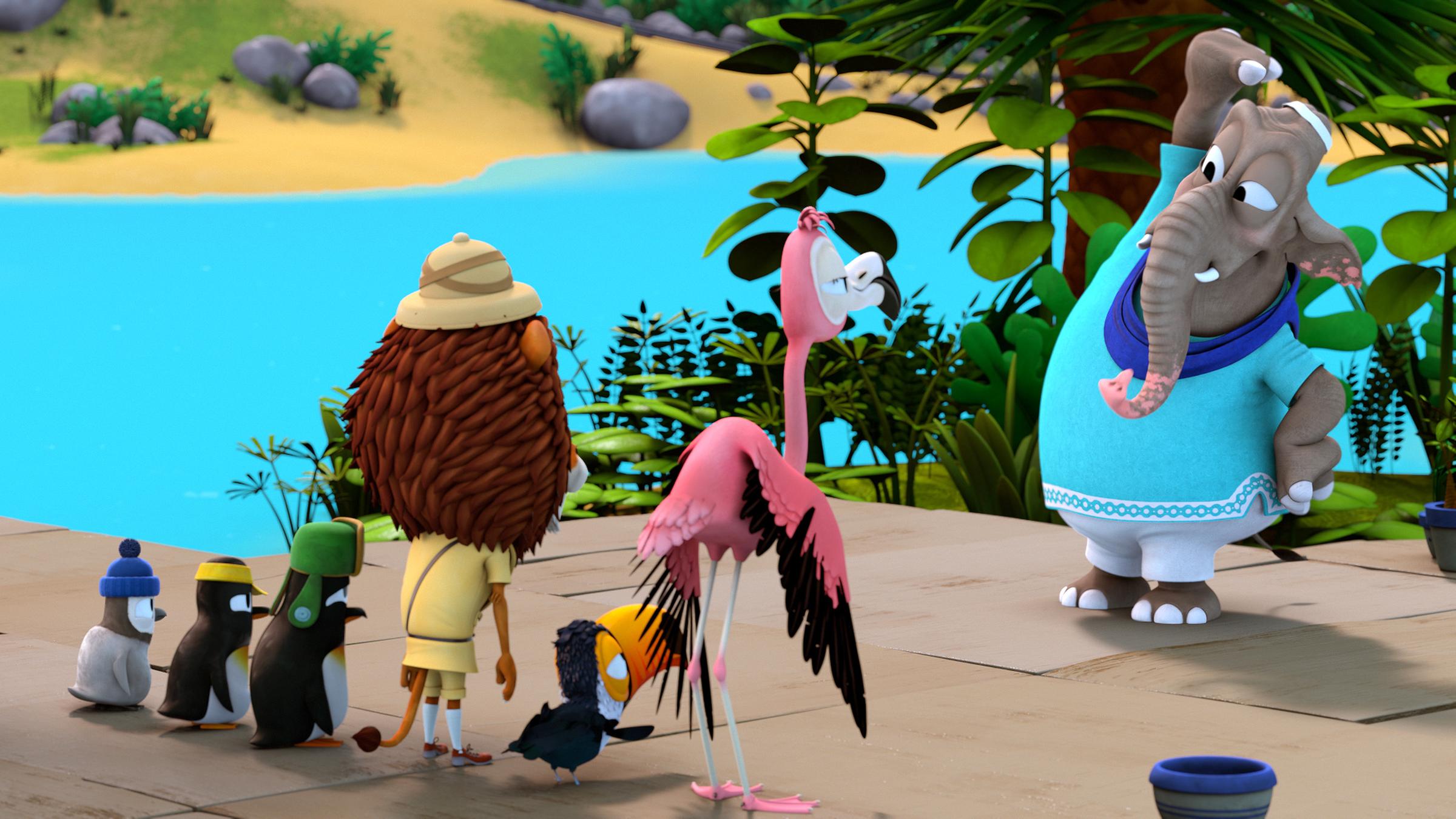 Frau Emily zeigt der Zoobande eine Fitnessübung, die Gruppe steht in einer Reihe vor ihr.