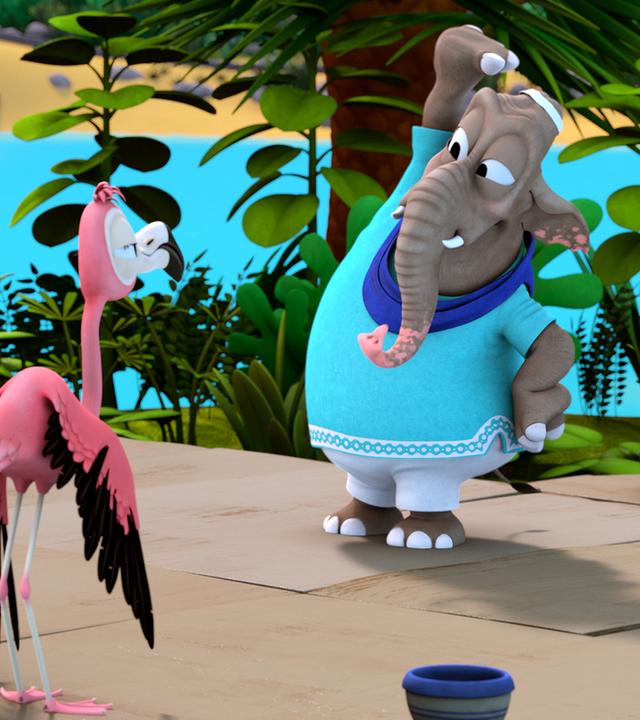 Frau Emily zeigt der Zoobande eine Fitnessübung, die Gruppe steht in einer Reihe vor ihr.