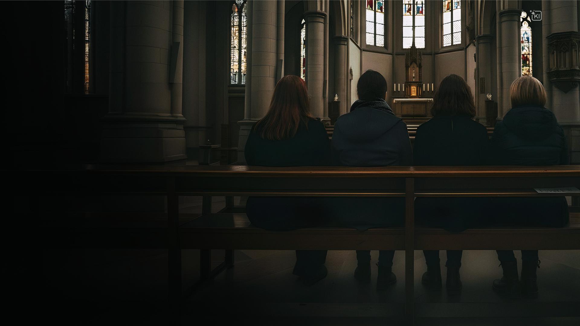 Vier Frauen sitzen in einer Kirche und schauen auf den Altar.