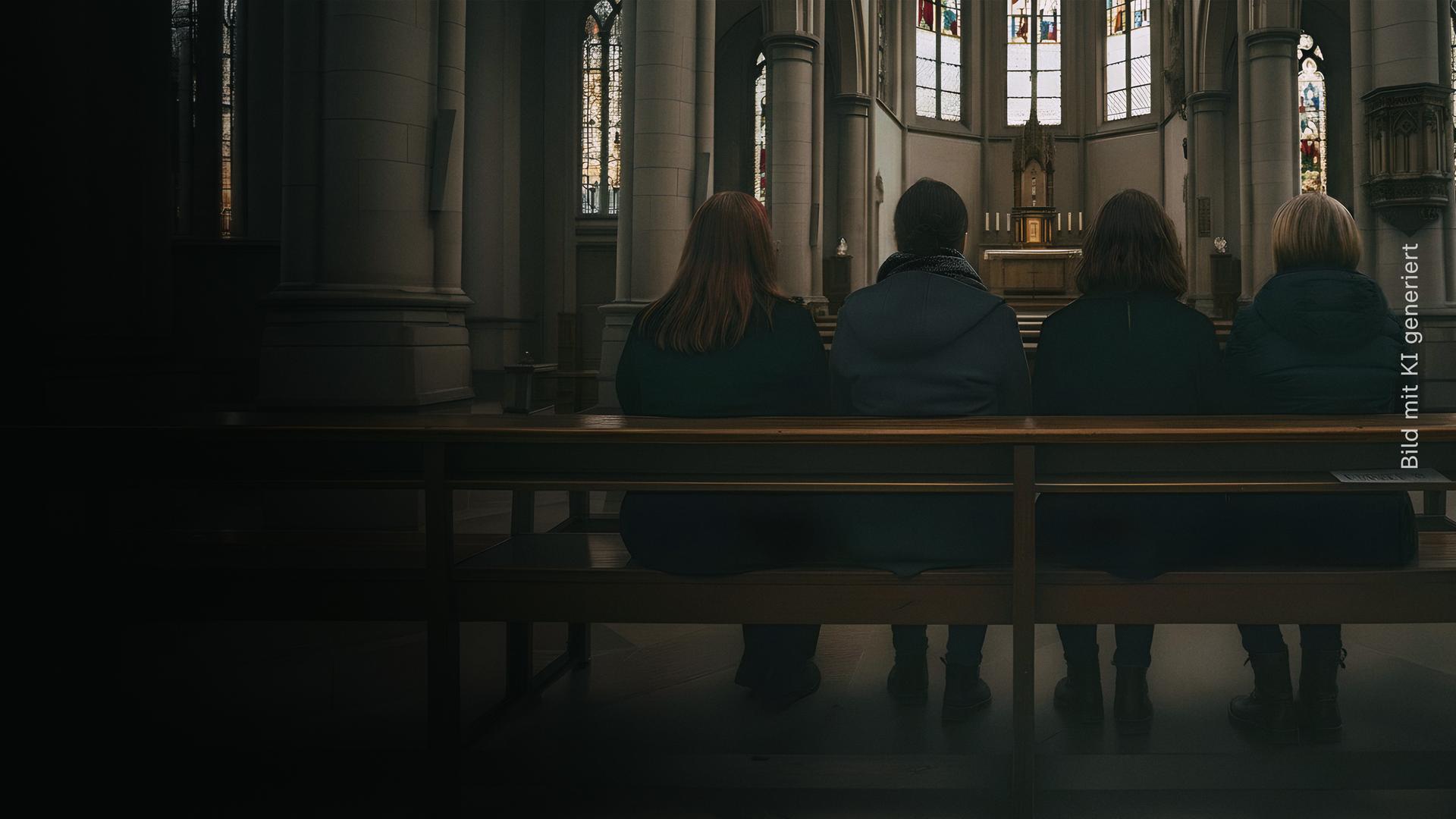 Vier Frauen sitzen in einer Kirche und schauen auf den Altar.