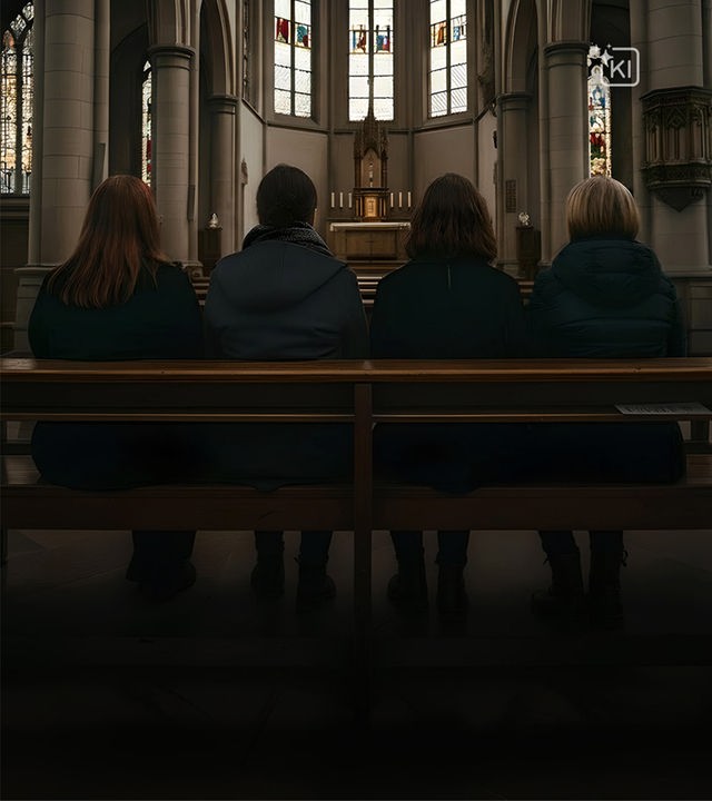 Vier Frauen sitzen in einer Kirche und schauen auf den Altar.
