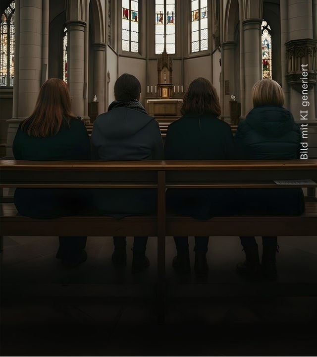 Vier Frauen sitzen in einer Kirche und schauen auf den Altar.