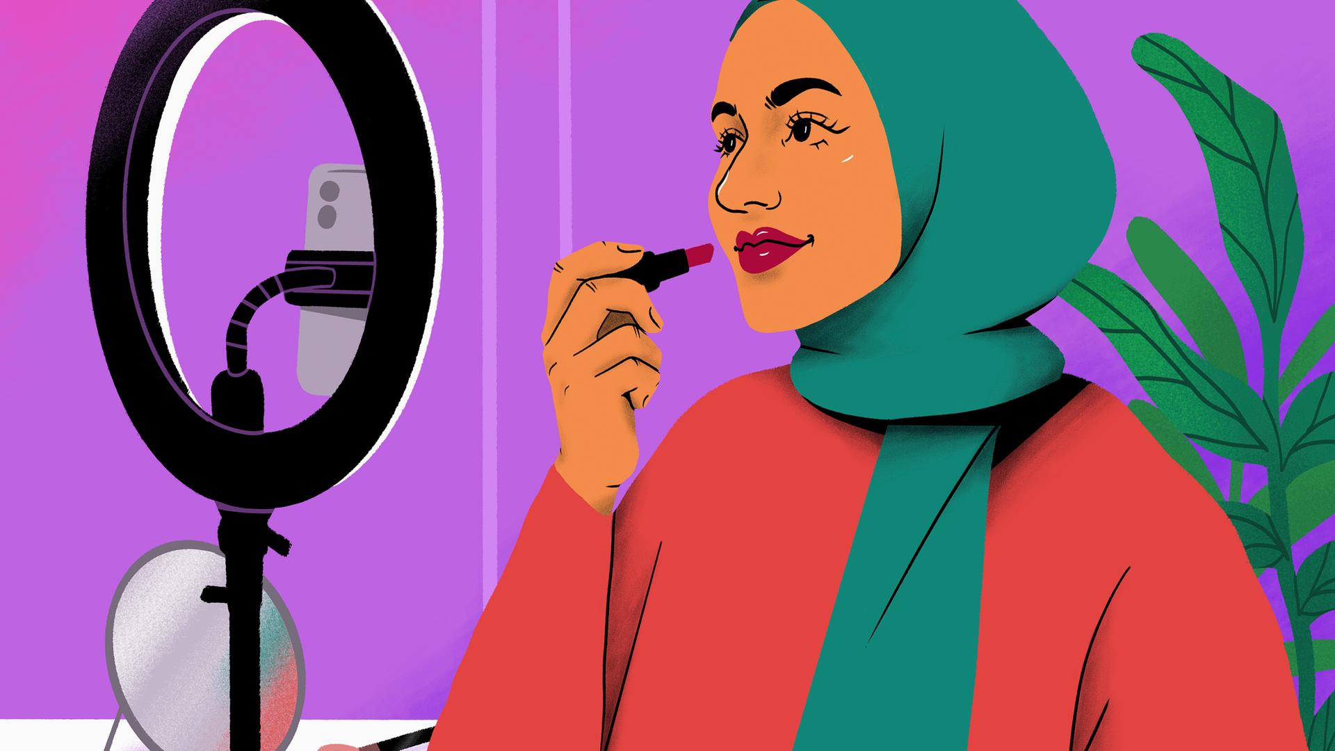 Gemaltes Bild einer muslimischen Frau mit Hijab, die sich schminkt und dabei Handyaufnahmen für Social Media macht.