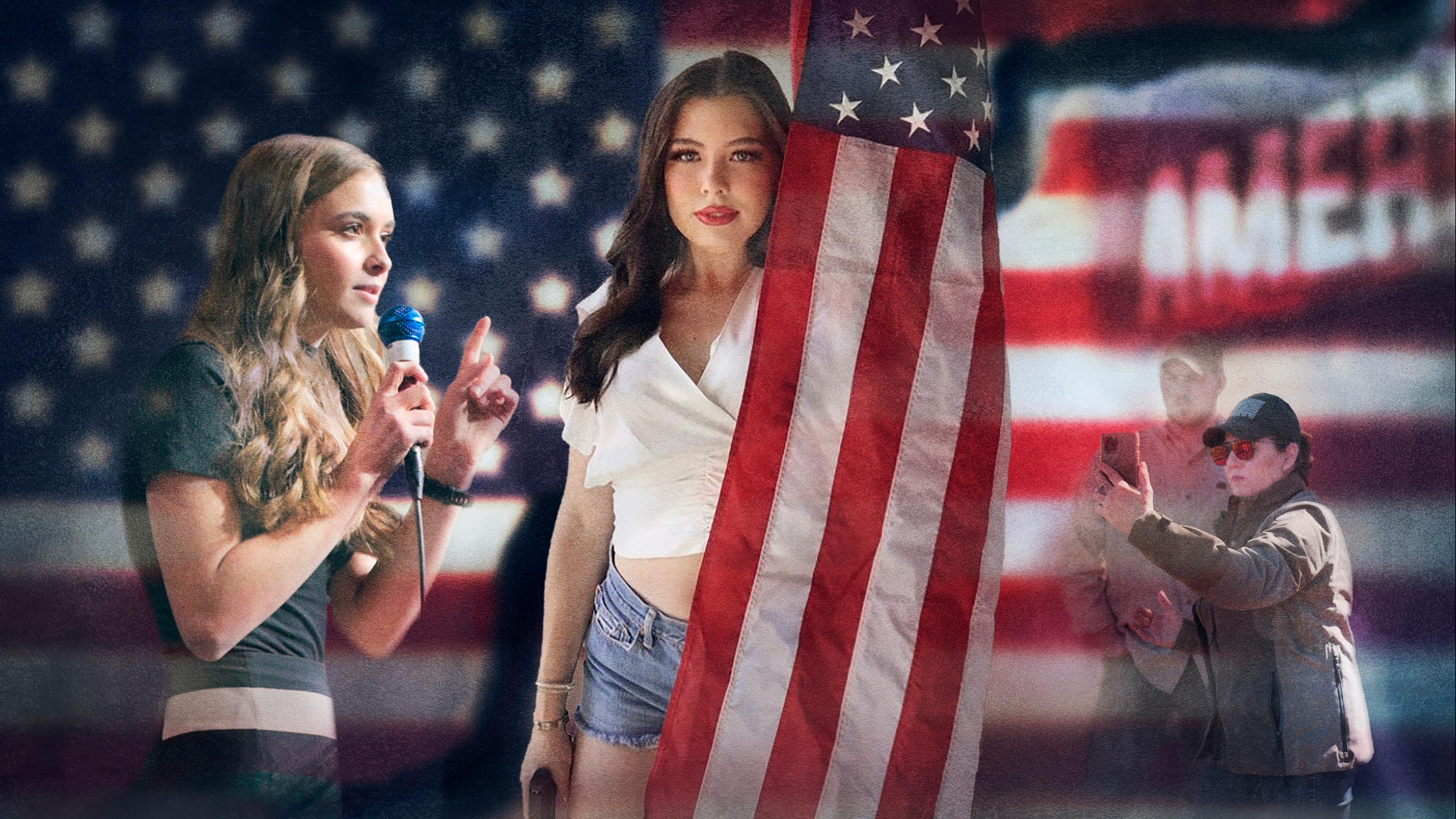 Bildcollage: Fotografien von drei Frauen unterschiedlichen Alters, zwischen 16 und 60, sind mit US-amerikanischen Flaggen vertikal und horizontal angeordnet.