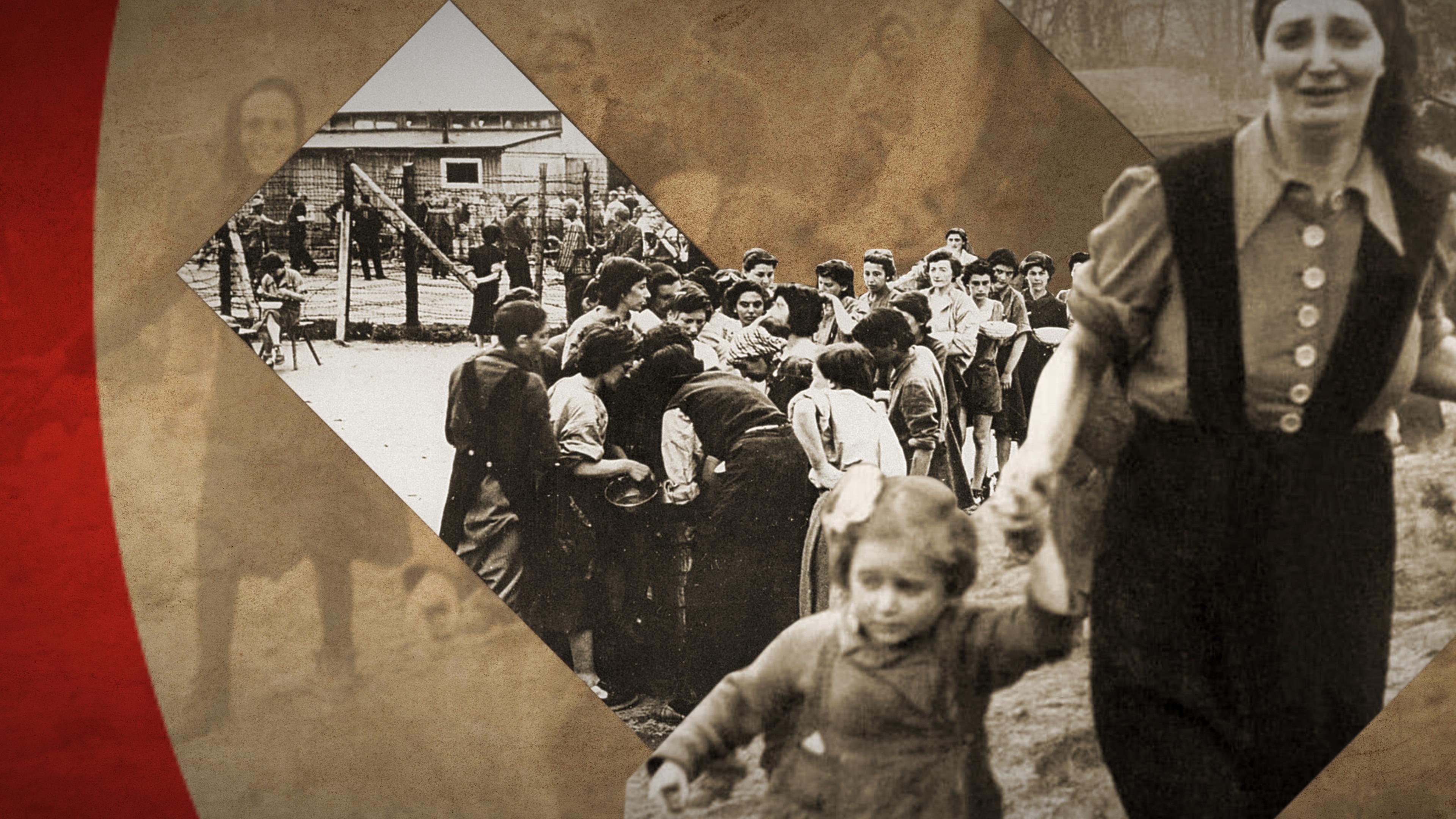 Montage: Vorne: Eine befreite Frau mit ihrer Tochter aus dem KZ Bergen Belsen; hinten: