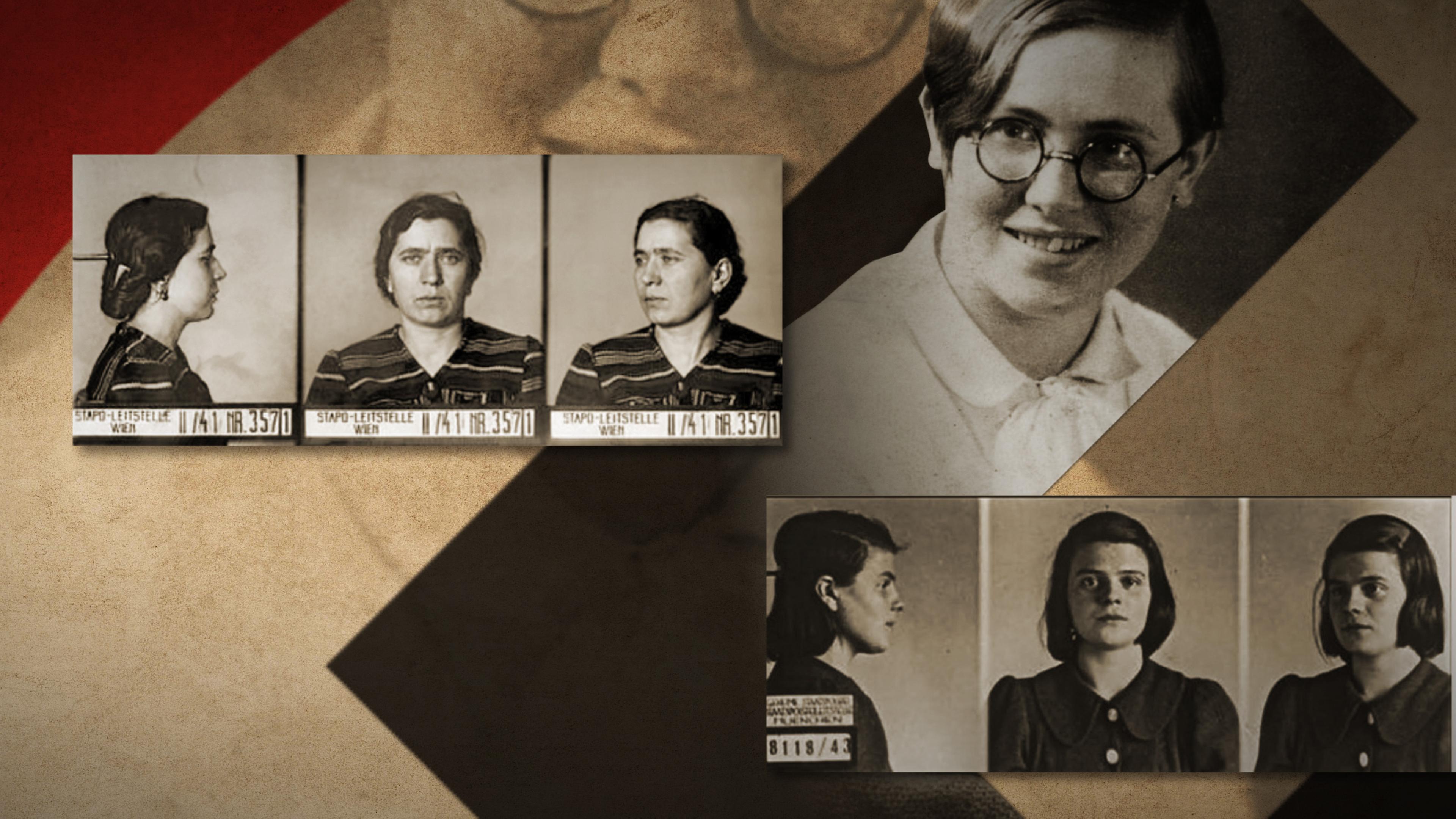 Montage: Zentral ein Portrait von Judith Auer; im Vordergrund Gestapo-Erkennungsfotos von
