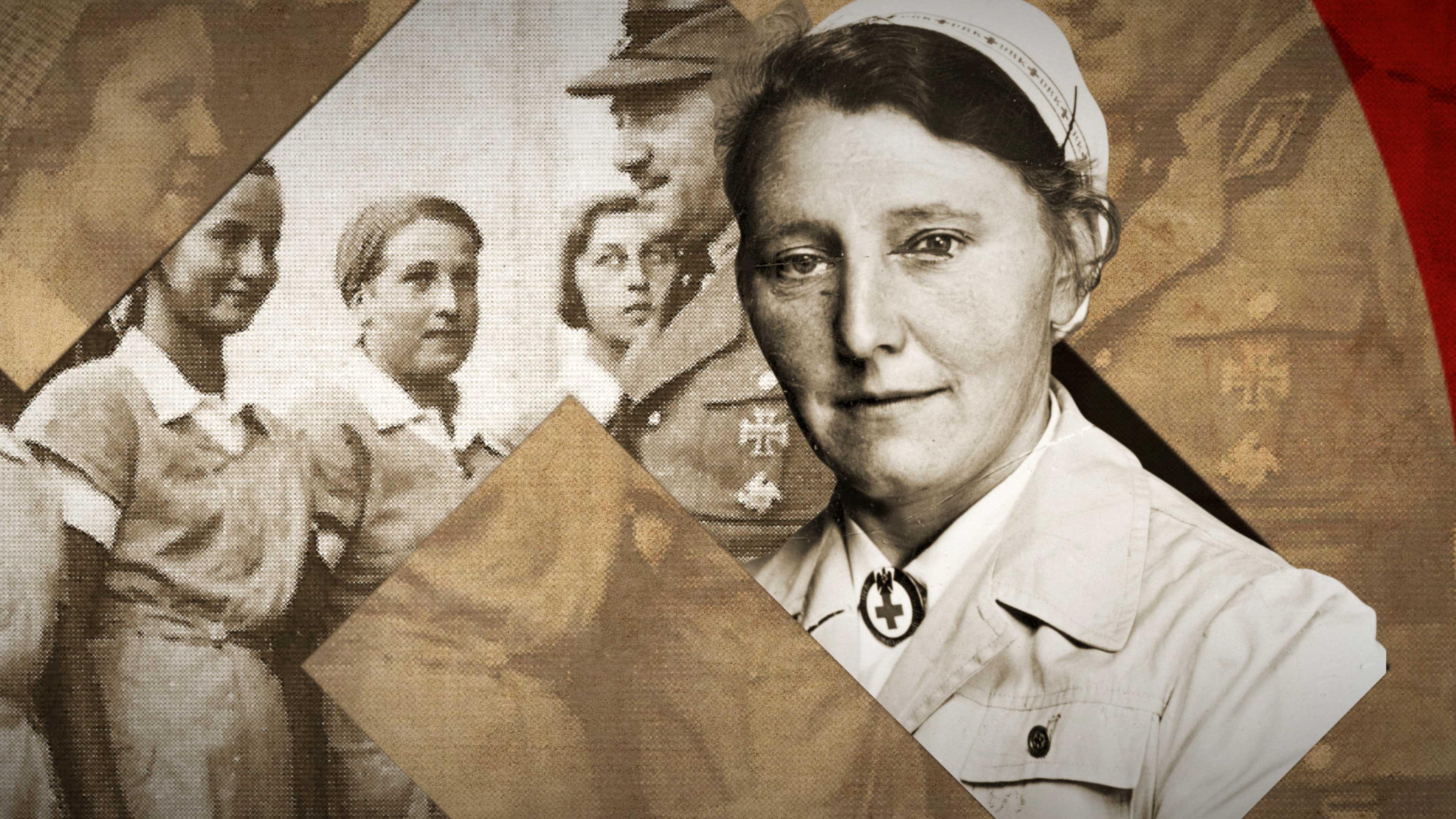 Montage: Zentral ein Portrait von Grete Fock; im Hintergrund eine Gruppe „Arbeitermaiden“