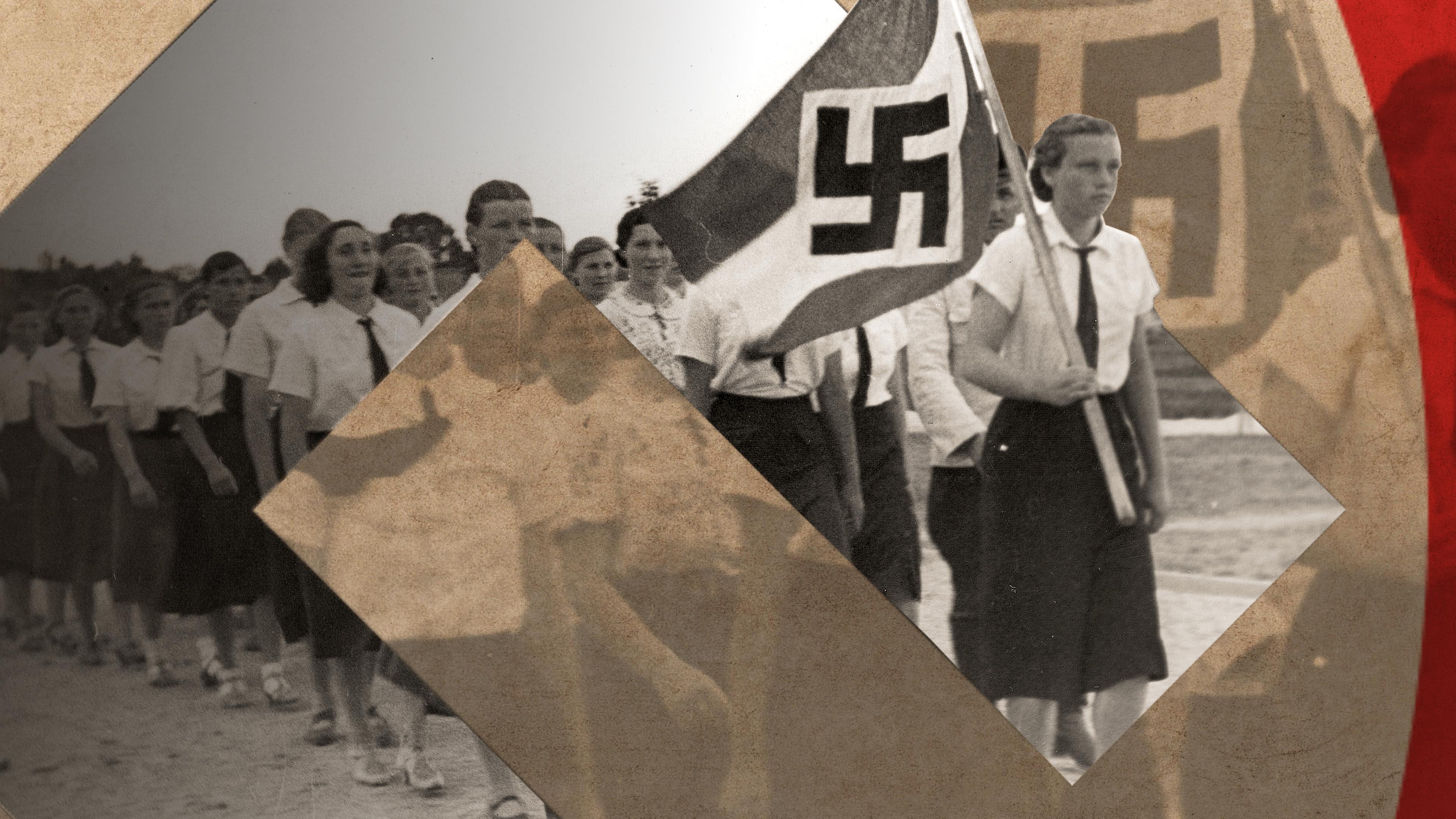 Montage: Eine marschierende Gruppe des „Bundes deutscher Mädchen“, eine von ihnen trägt eine Hakenkreuzflagge.