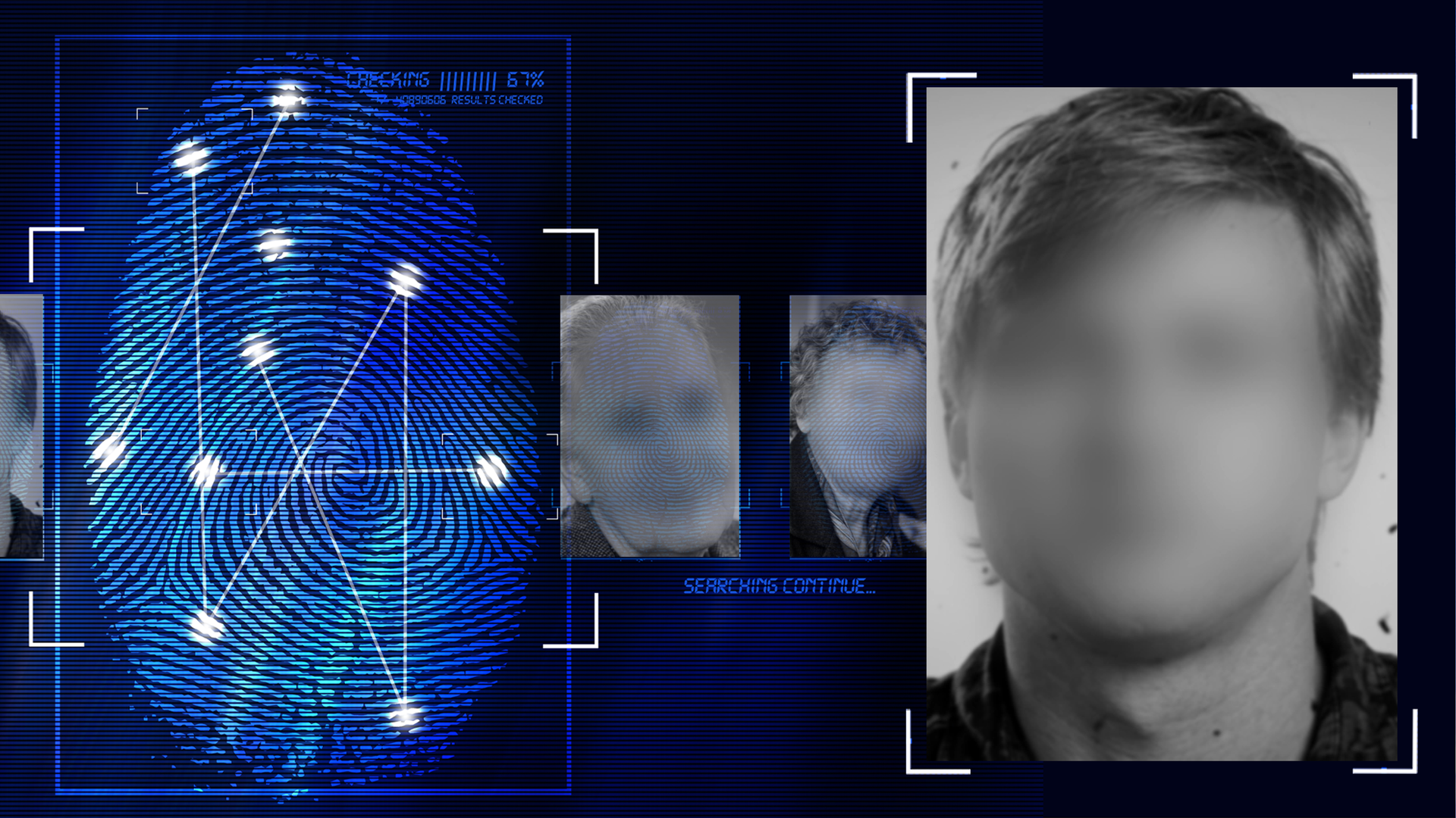 Portaitfoto eines Mannes. Kurze mittelblonde Haare, seitenscheitel, schaut Richtung Kamera, Gesicht verfremdet. dunkles Oberteil. SChwarzweißfoto. Links daneben: Lichtschematische Darstellung eines Fingerabdrucks.