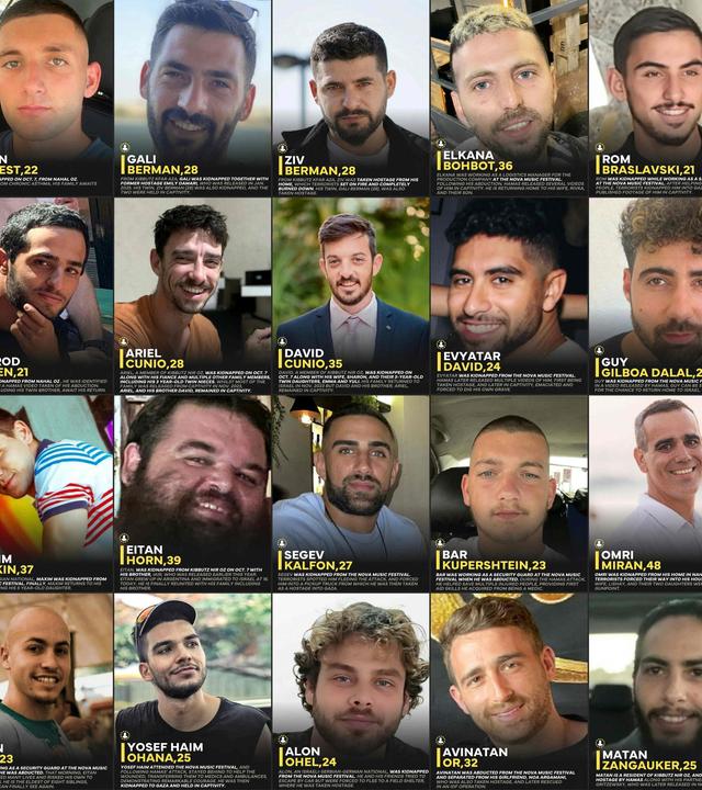 Eine Bildmontage zeigt die 20 israelischen Geiseln, die freigelassen wurden.