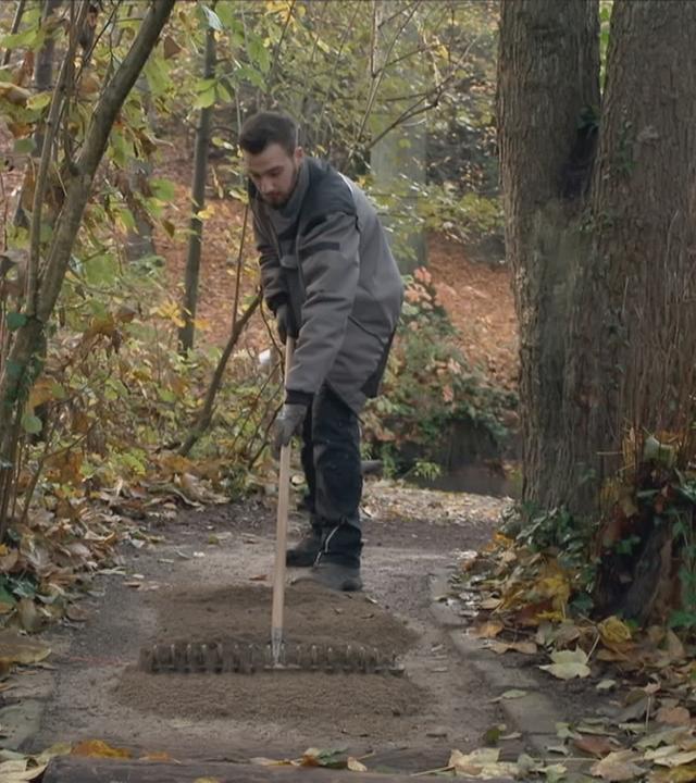 Mann arbeitet an Waldweg