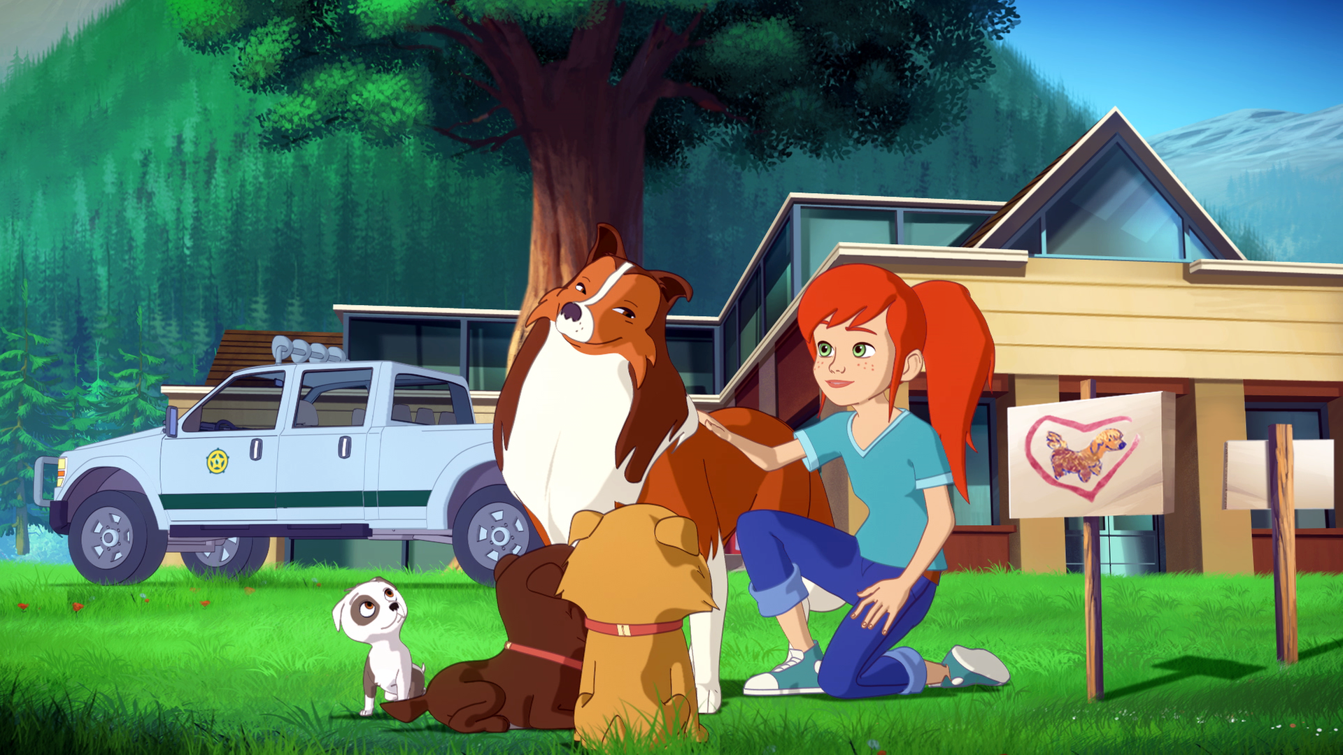 Im Garten vor Zoés Haus hockt Zoé neben Lassie auf dem Rasen. Vor den beiden sitzen drei Welpen unterschiedlicher Hunderassen.