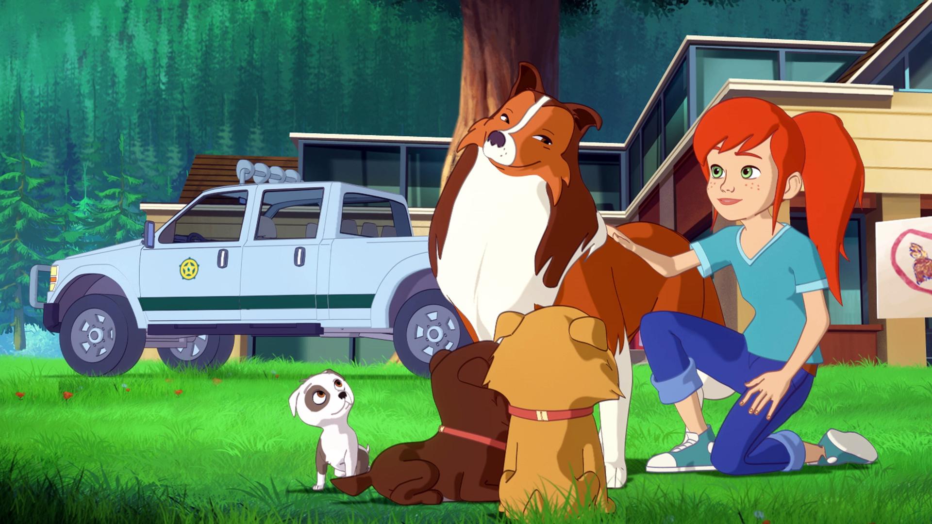 Im Garten vor Zoés Haus hockt Zoé neben Lassie auf dem Rasen. Vor den beiden sitzen drei Welpen unterschiedlicher Hunderassen.