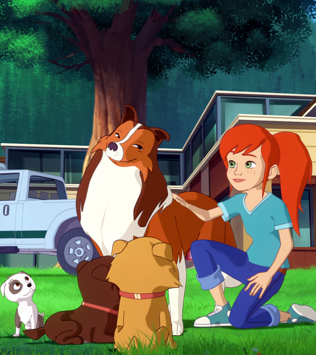 Im Garten vor Zoés Haus hockt Zoé neben Lassie auf dem Rasen. Vor den beiden sitzen drei Welpen unterschiedlicher Hunderassen.