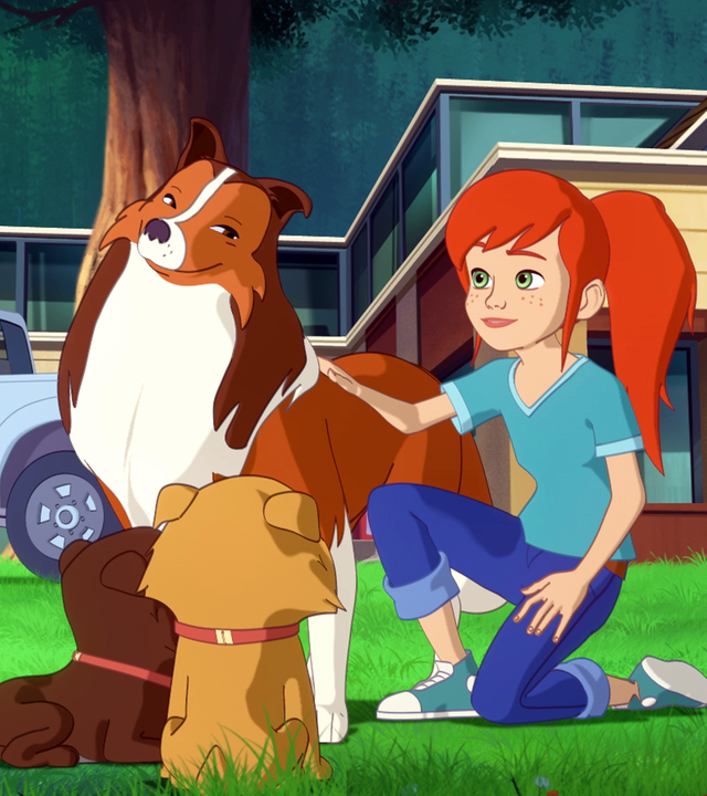 Im Garten vor Zoés Haus hockt Zoé neben Lassie auf dem Rasen. Vor den beiden sitzen drei Welpen unterschiedlicher Hunderassen.