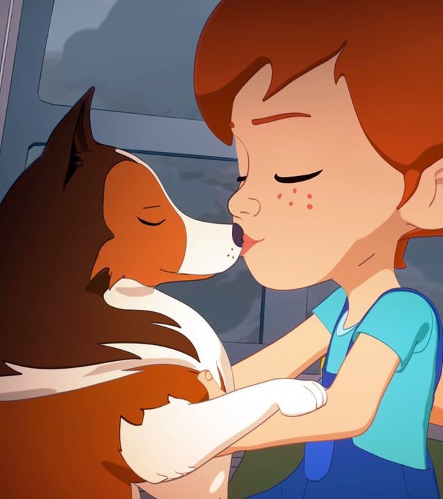 Im Hubschrauber gibt Zoé Lassie ein Küsschen auf die Schnauze.