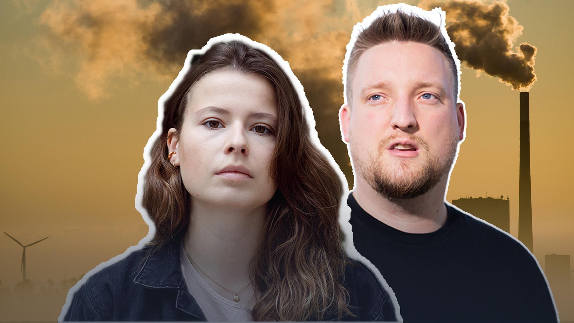 links, Luisa Neubauer von Fridays for Future, rechts Jens Teutrine von der FDP, im Hintergrund Windkrafträder und ein Kohlekraftwerk