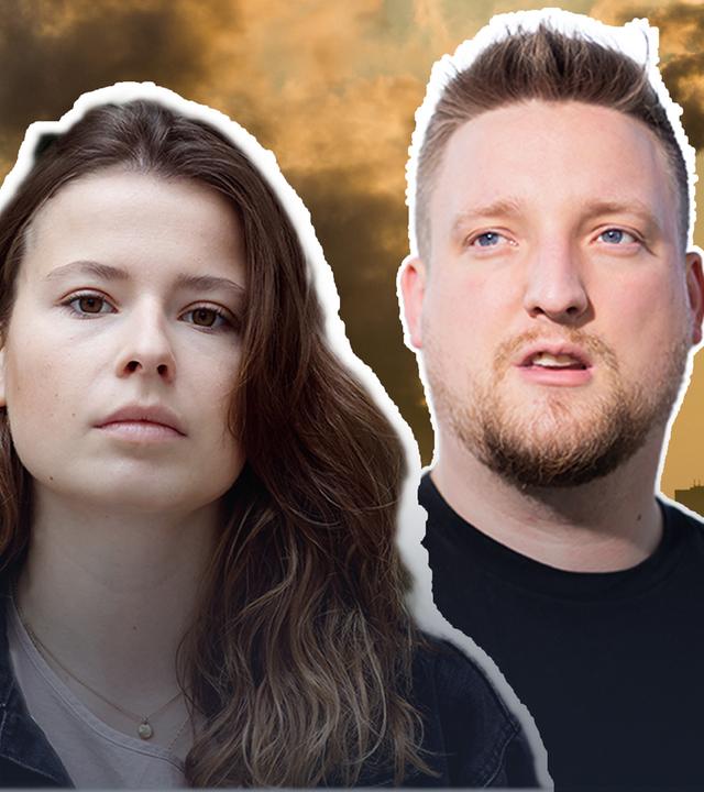 links, Luisa Neubauer von Fridays for Future, rechts Jens Teutrine von der FDP, im Hintergrund Windkrafträder und ein Kohlekraftwerk