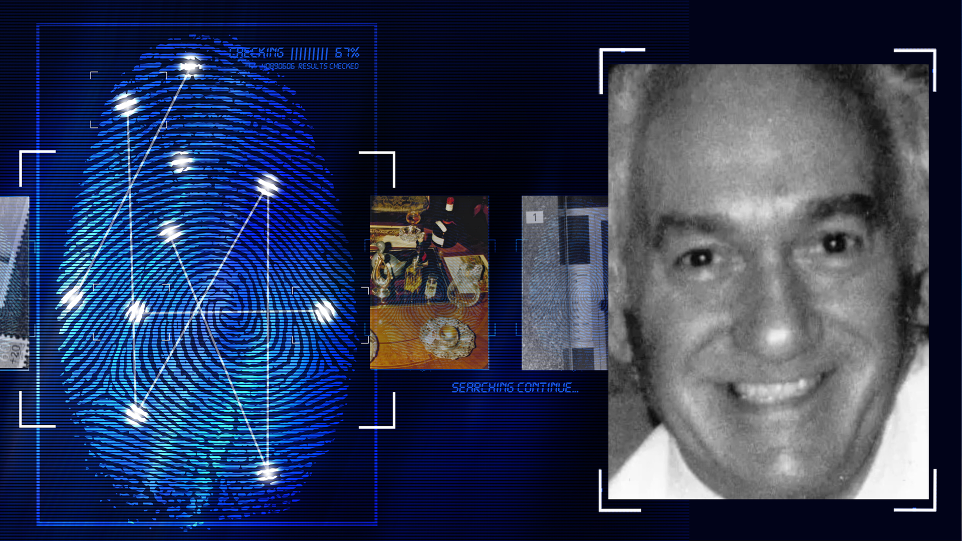 Bildfüllendes schwarzweiß-Portraitfoto eines 45 Jahre alten Mannes. Aufnahmezeitpunkt frühe 1990er Jahre. Graue Haare und weiße Oberbekleidung sind zu erkennen. Links daneben: Lichtschematische Darstellung eines Fingerabdrucks.