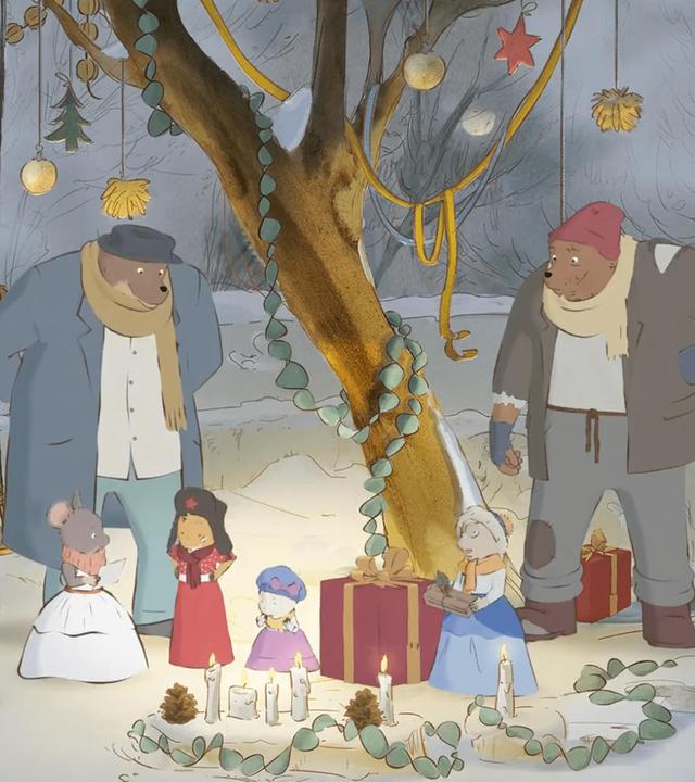 In Ernests Garten stehen alle um einen geschmückten Baum versammelt. Es ist ein normaler Laubbaum ohne Blätter, der dort im Garten gewachsen ist. Madame Tulipe und ihre Neffen, Celestines Freundinnen und Bolero, alle sind gekommen. Es stehen brennende Kerzen am Boden.