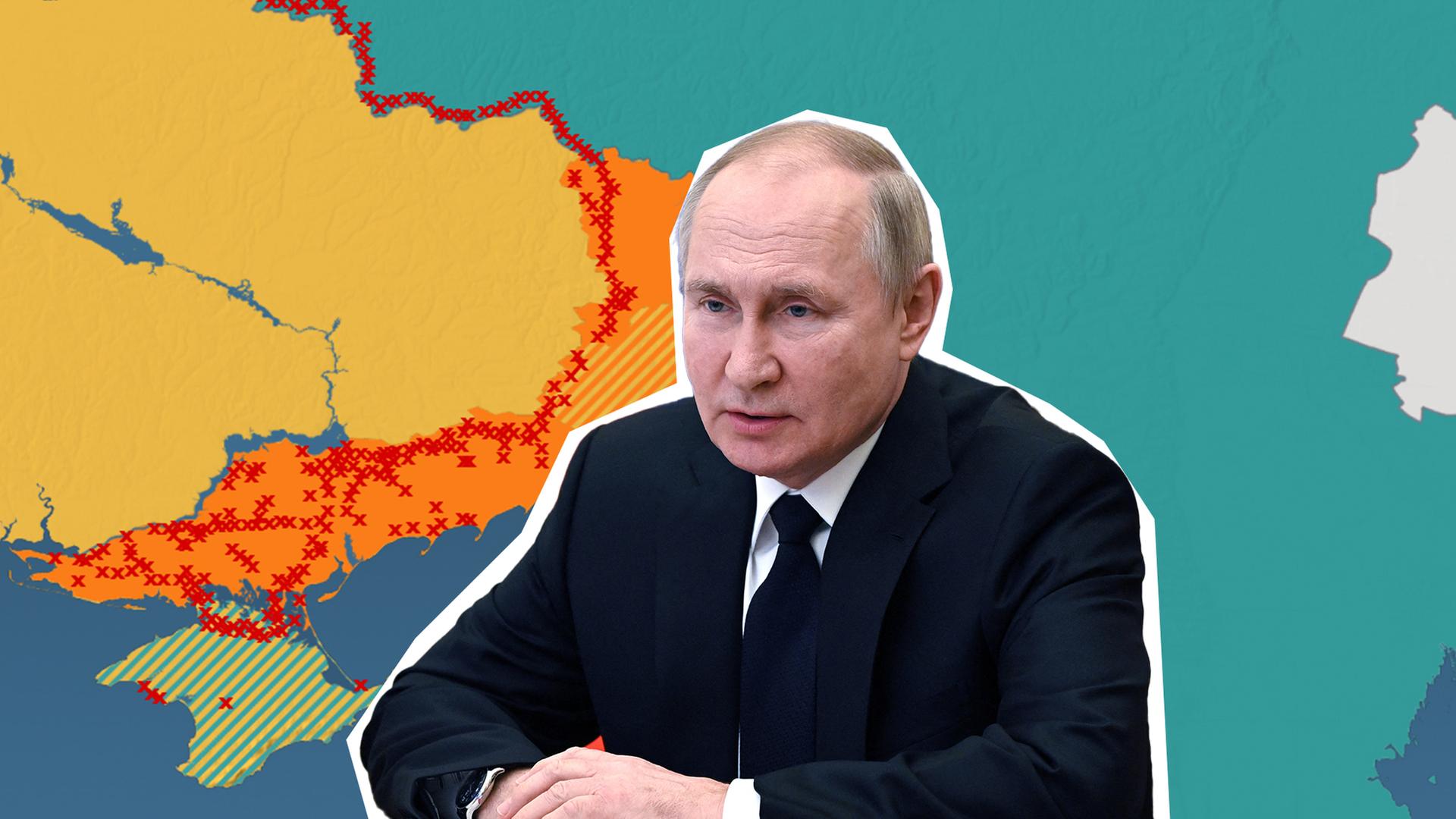 Zu sehen ist Russlands Präsident Wladimir Putin im Vordergrund, sowie eine grafische Übersicht der russischen Verteidigungslinie in der Ukraine im Hintergrund. 