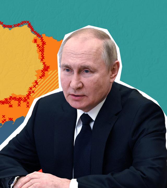 Zu sehen ist Russlands Präsident Wladimir Putin im Vordergrund, sowie eine grafische Übersicht der russischen Verteidigungslinie in der Ukraine im Hintergrund. 
