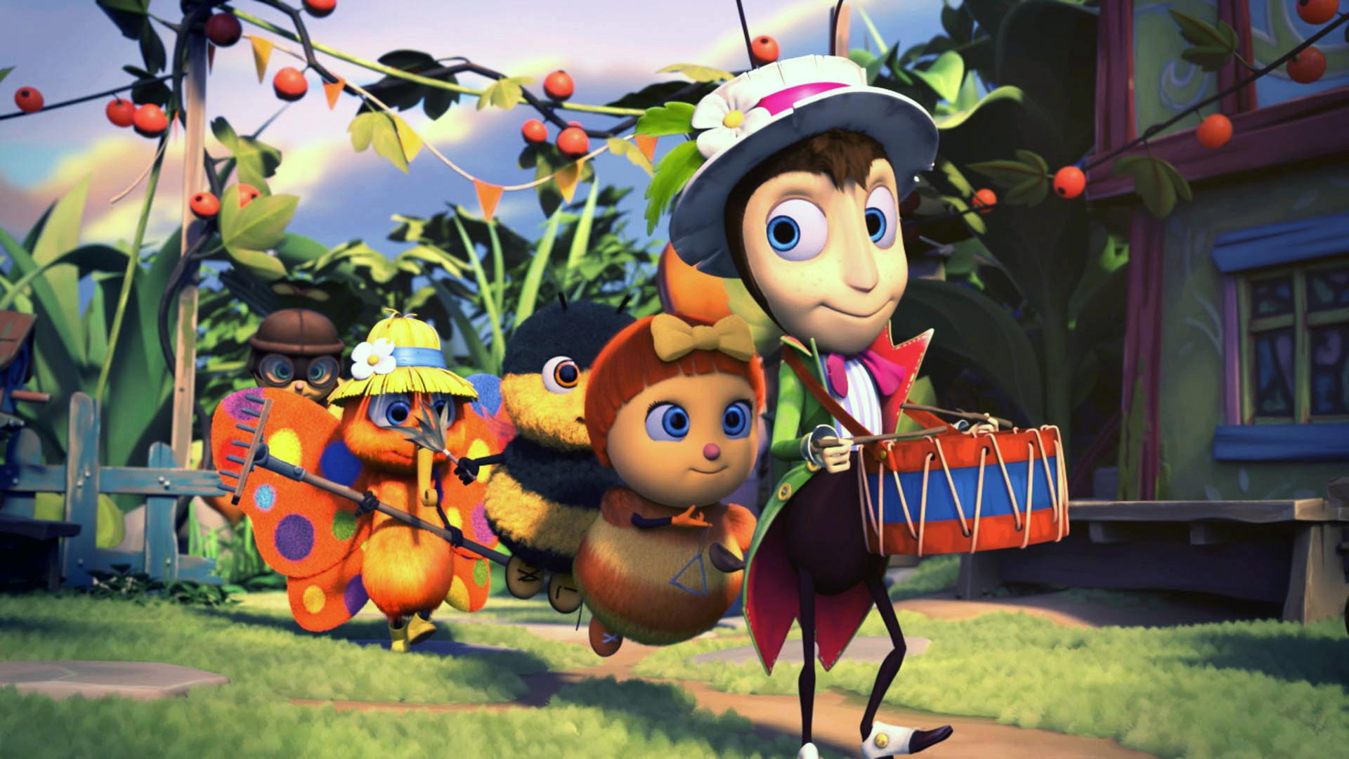 Gregor führt eine Insektengruppe an. Er hat sich eine Trommel um den Hals gehängt, Josefine, Heini und Walter laufen hinter ihm her. Sie tragen Musikinstrumente und Putzuntensilien.