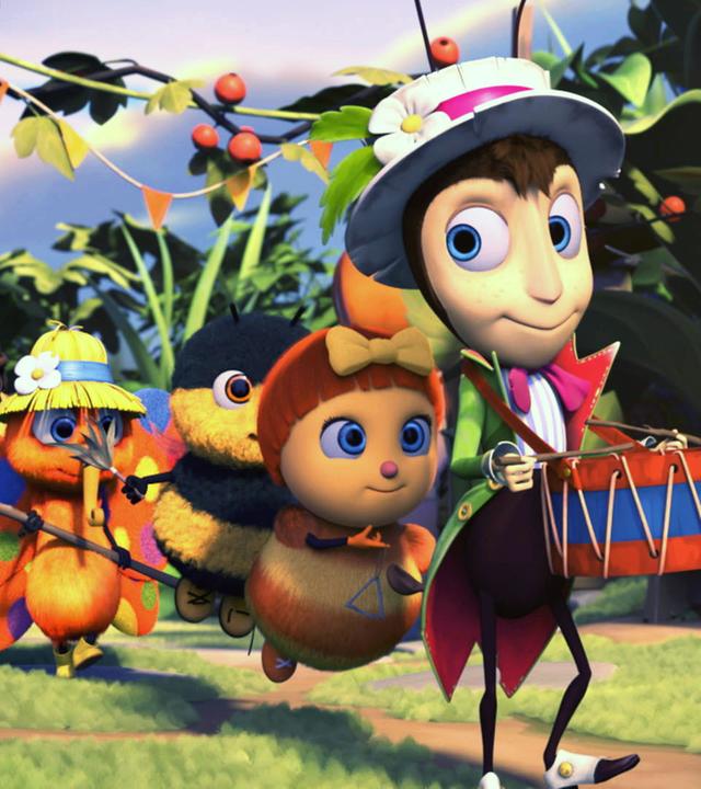 Gregor führt eine Insektengruppe an. Er hat sich eine Trommel um den Hals gehängt, Josefine, Heini und Walter laufen hinter ihm her. Sie tragen Musikinstrumente und Putzuntensilien.