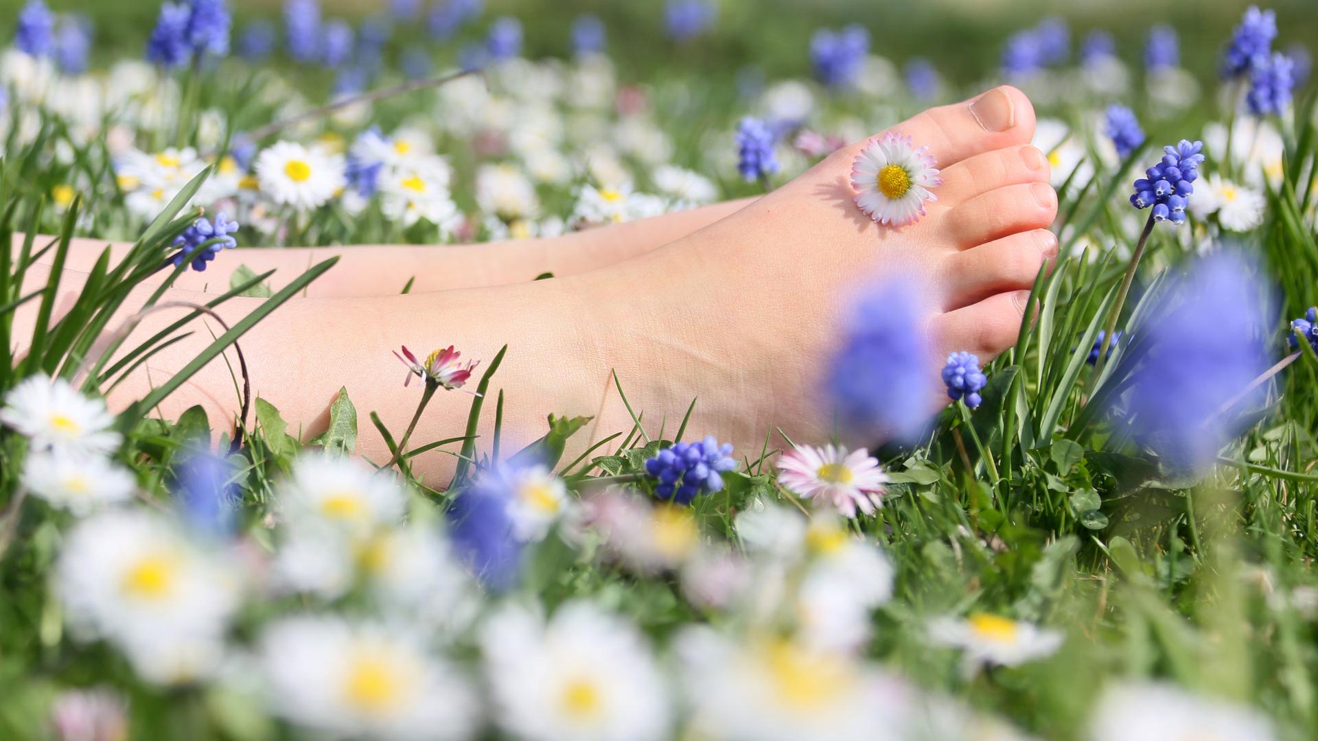 Der Fuß eines Kindes liegt auf einer Blumenwiese.