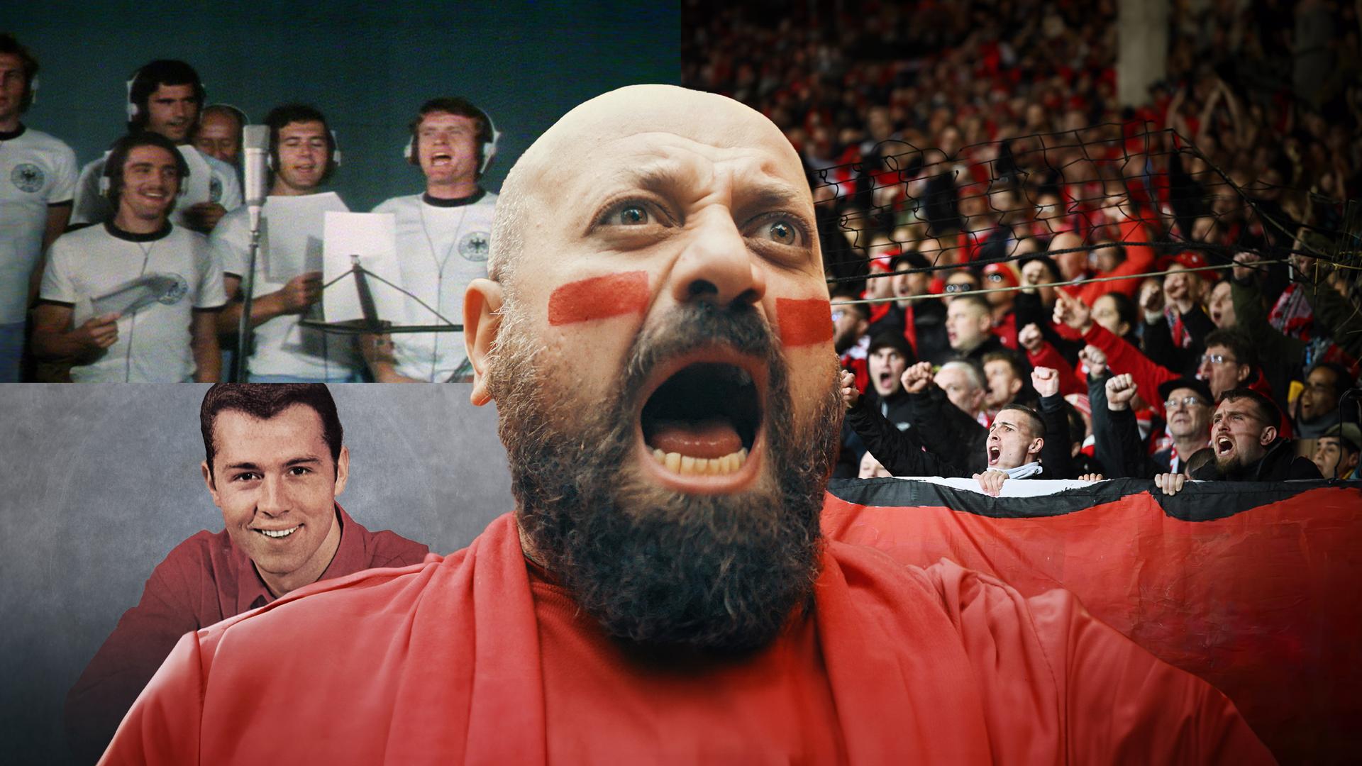 rechts im Bild singende Fußballfans auf einer Tribüne, davor groß ein singender Mann mit rot-geschminkten Streifen auf den Wangen, hinter ihm links eine Montage von zwei Archivbildern mit dem jungen Franz Beckenbauer und der singenden Nationalelf im Studio 