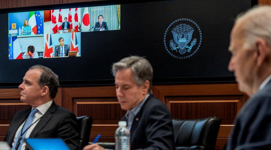 US-Präsident Joe Biden und US-Außenminister Antony Blinken nehmen an einer Videokonferenz mit den Staats- und Regierungschefs der G7 teil.
