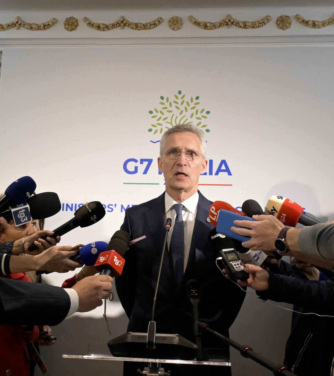 NATO Secretary General Jens Stoltenberg gives a press conference during the G7 Foreign ministers meeting on the small island of Capri on April 18, 2024.
