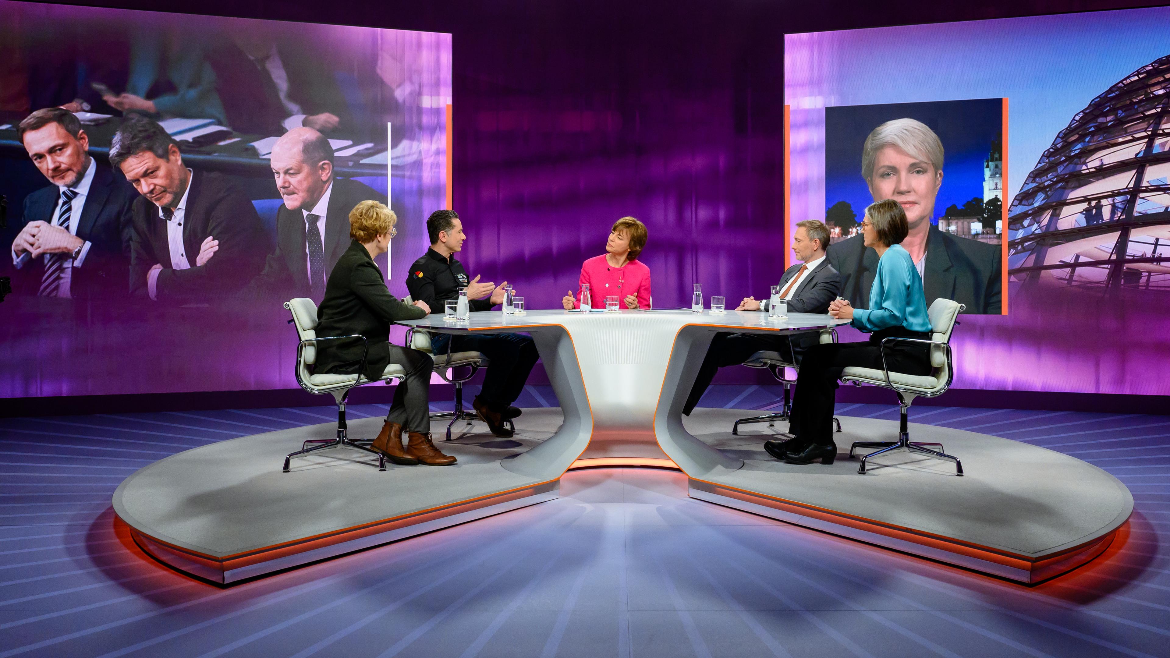 Von links: Veronika Grimm, Tobias Exner, Maybrit Illner, Christian Lindner, Christiane BennerSCHALTE: Manuela Schwesig