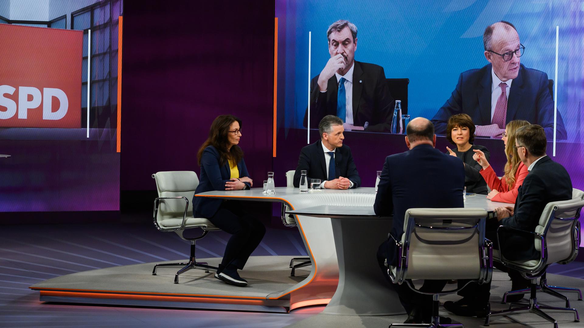 v.l.: Yasmin Fahimi, Thorsten Frei, Maybrit Illner, Katharina Dröge, Michael Hüther, Robin Alexander