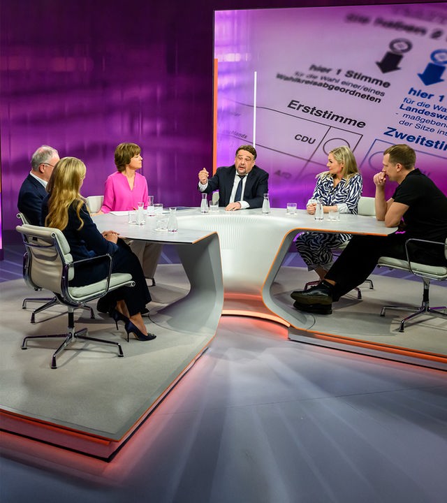 Von links: Stephan Weil, Nena Brockhaus, Maybrit Illner, Dennis Radtke, Ruth Moschner, Hendrik Bolz