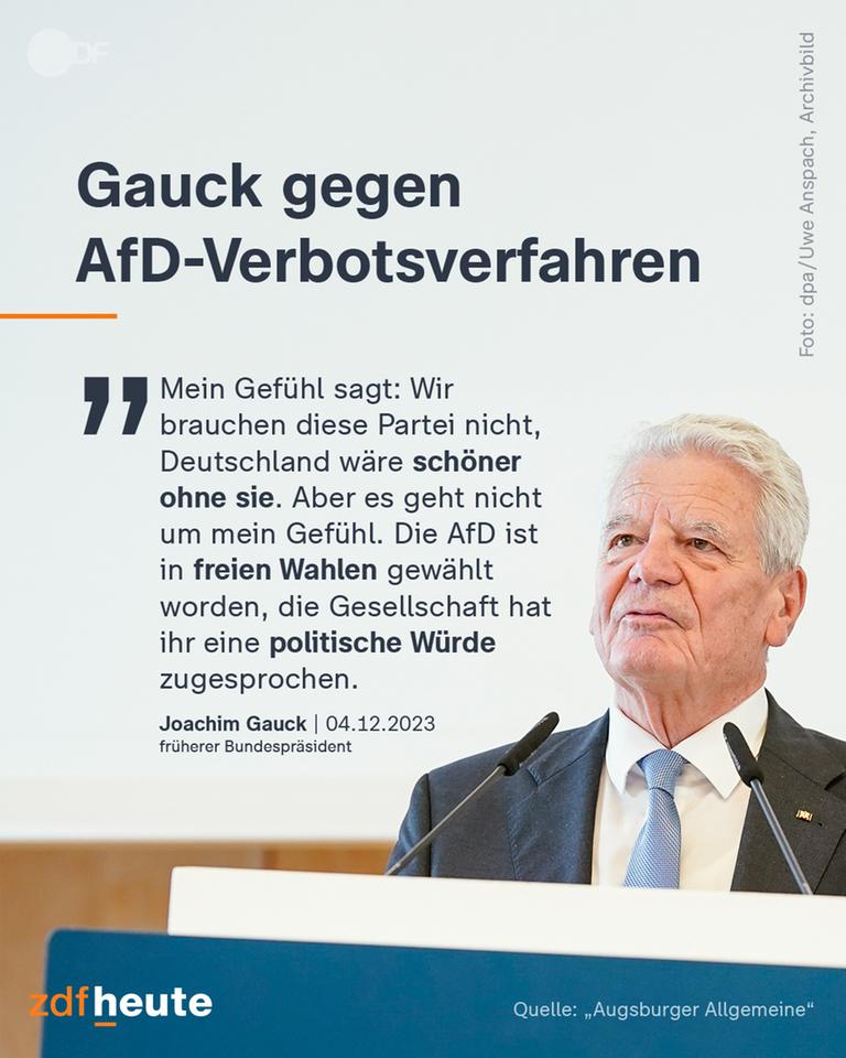 Joachim Gauck bei einer Rede mit dem Zitat "Mein Gefühl sagt: Wir brauchen diese Partei nicht, Deutschland ist schöner ohne sie. Aber es geht nicht um mein Gefühl. Die AfD ist in freien Wahlen gewählt worden, die Gesellschaft hat ihr eine politische Würde zugesprochen."