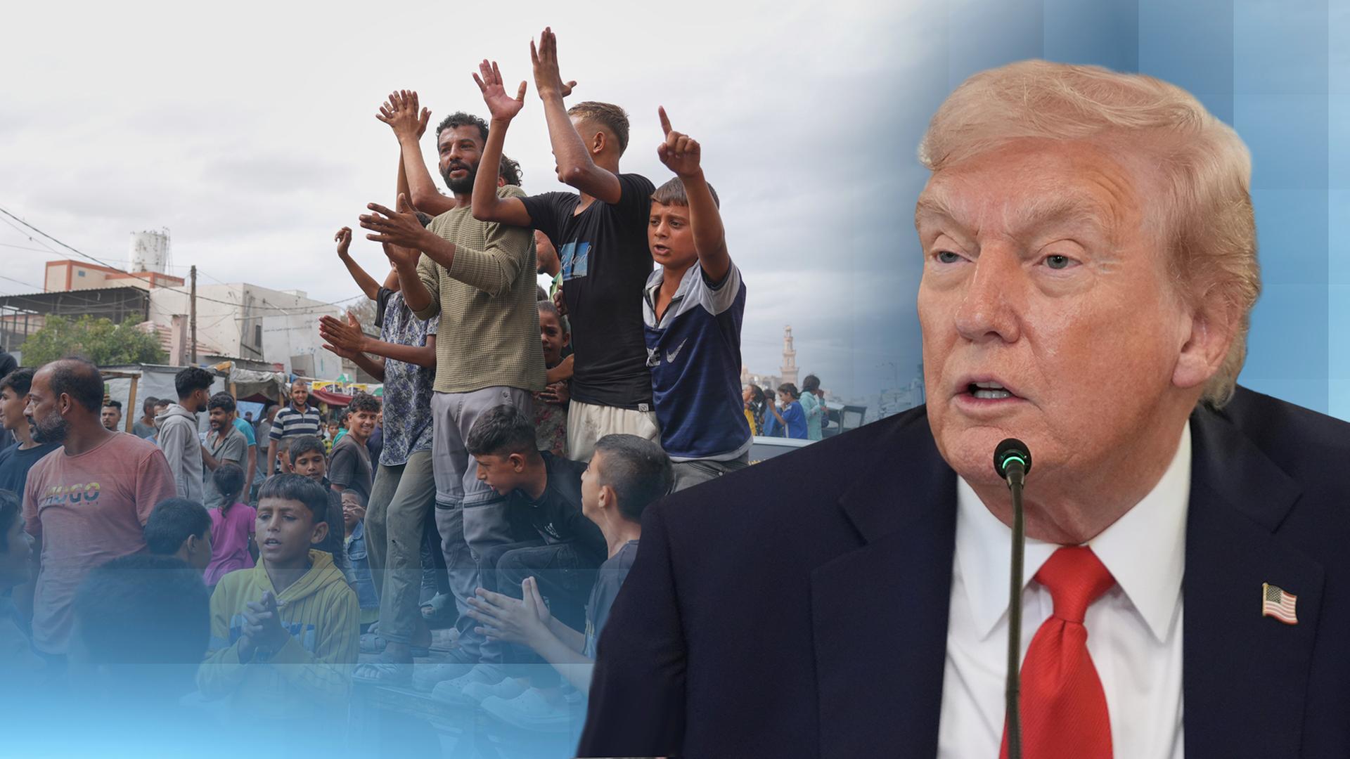 Links: Jubelnde Menschen im Gaza-Streifen. Rechts: Donald Trump bei seiner Ankündigung zum Friedensplan.