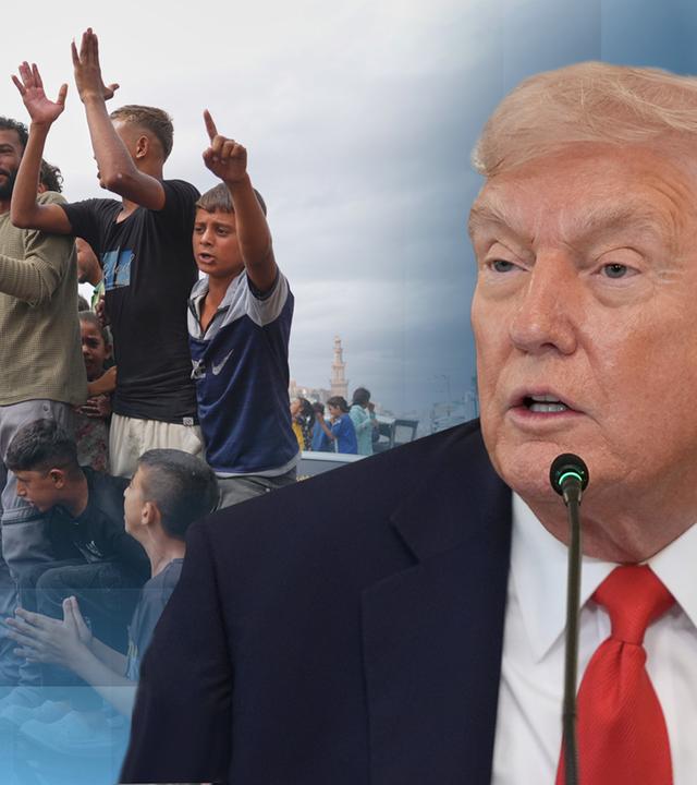 Links: Jubelnde Menschen im Gaza-Streifen. Rechts: Donald Trump bei seiner Ankündigung zum Friedensplan.