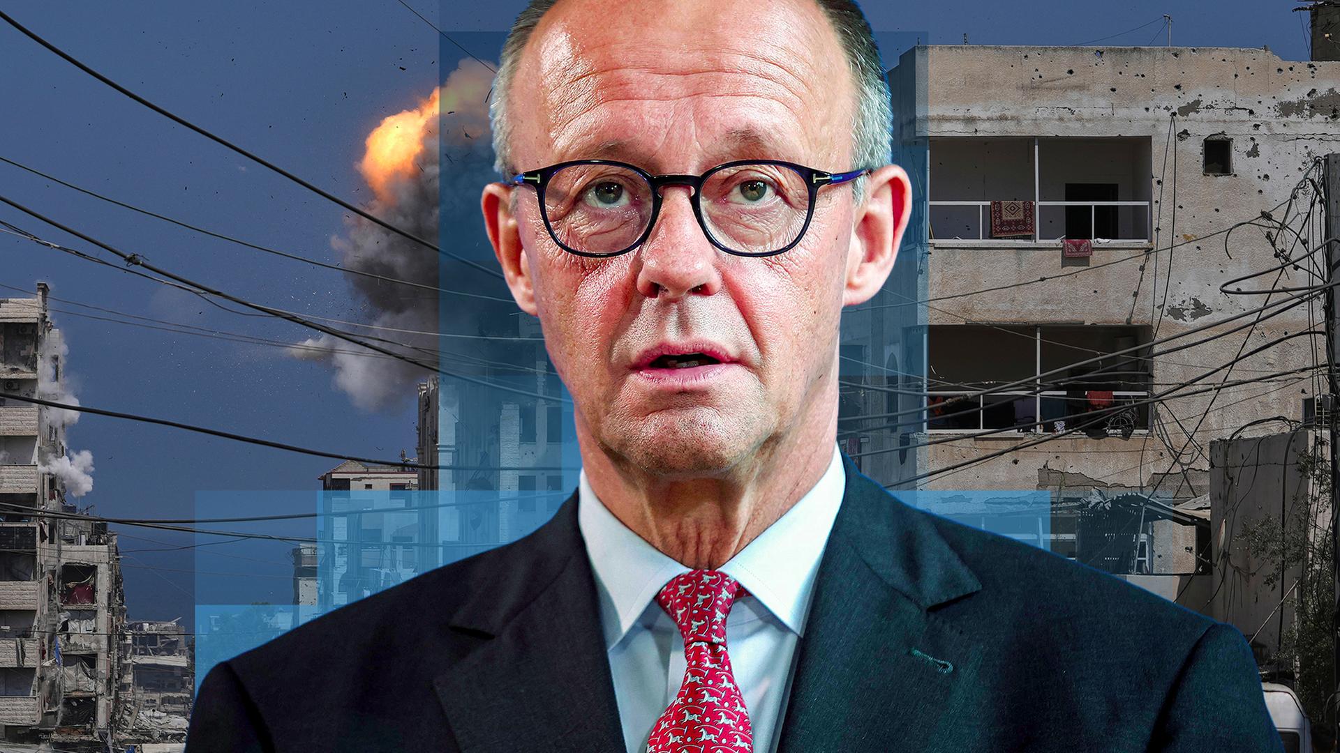 Bundeskanzler Friedrich Merz ist vor einem zerstörten Gebäude in Gaza abgebildet. 