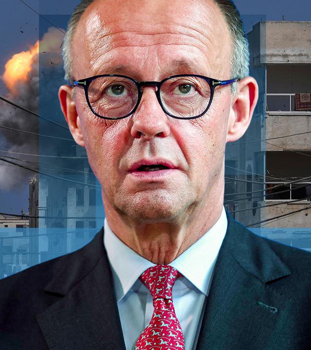 Bundeskanzler Friedrich Merz ist vor einem zerstörten Gebäude in Gaza abgebildet. 