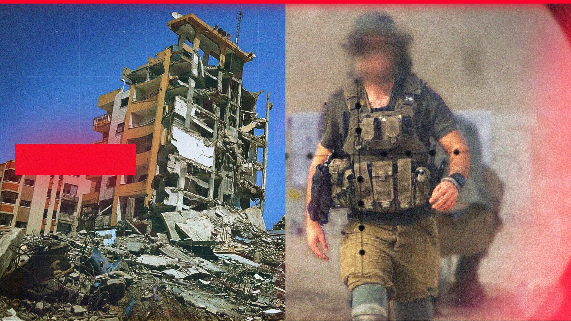 Splitscreen: Gaza-Sniper Daniel G. aus München in Uniform des israelischen Militärs in Gaza (rechts im Bild); zerstörte Gebäude in Gaza-Stadt (links im Bild)