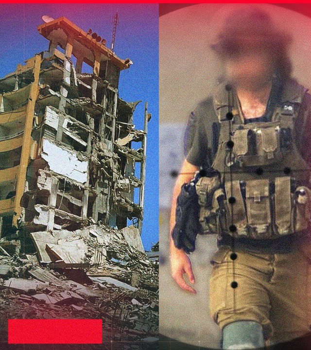 Splitscreen: Gaza-Sniper Daniel G. aus München in Uniform des israelischen Militärs in Gaza (rechts im Bild); zerstörte Gebäude in Gaza-Stadt (links im Bild)
