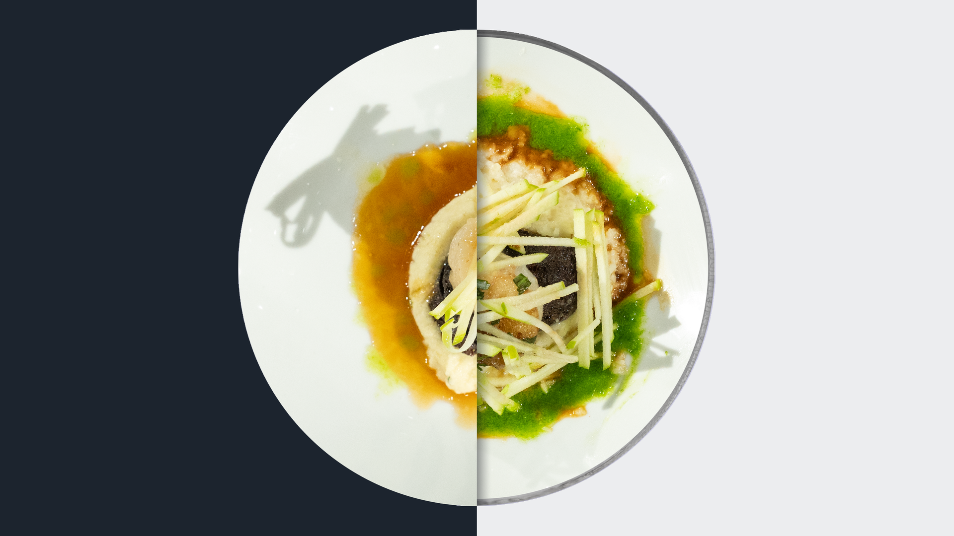 Gebratene Jakobsmuschel und gebratene Blutwurst mit aromatisierter Mostreduktion, Sellerie-Apfel-Püree und Schnittlauch-Öl