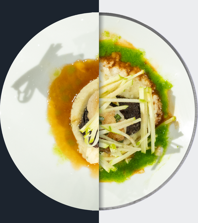 Gebratene Jakobsmuschel und gebratene Blutwurst mit aromatisierter Mostreduktion, Sellerie-Apfel-Püree und Schnittlauch-Öl