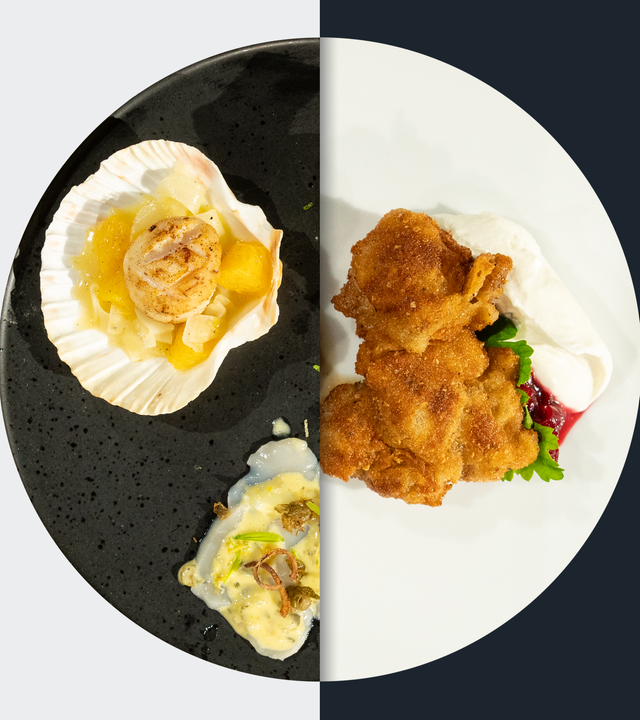 Gebratene Jakobsmuschel vs. Iberico-Schnitzelchen