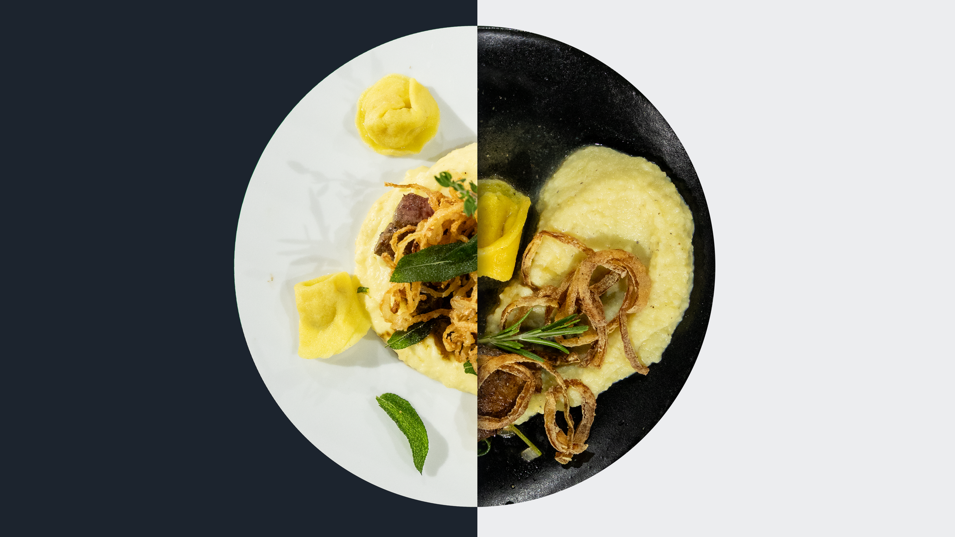 Gebratene Kalbsleber mit handgemachten Apfel-Tortelli, Kartoffel-Mousseline und Röstzwiebeln