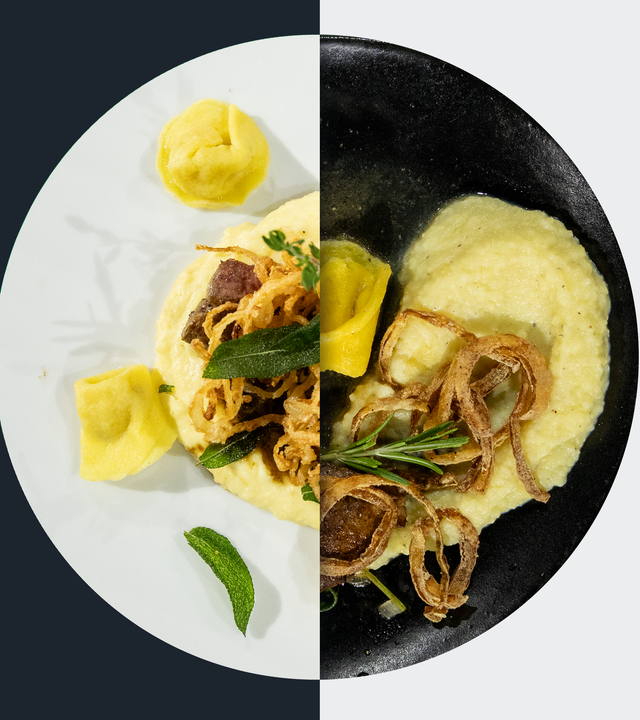Gebratene Kalbsleber mit handgemachten Apfel-Tortelli, Kartoffel-Mousseline und Röstzwiebeln