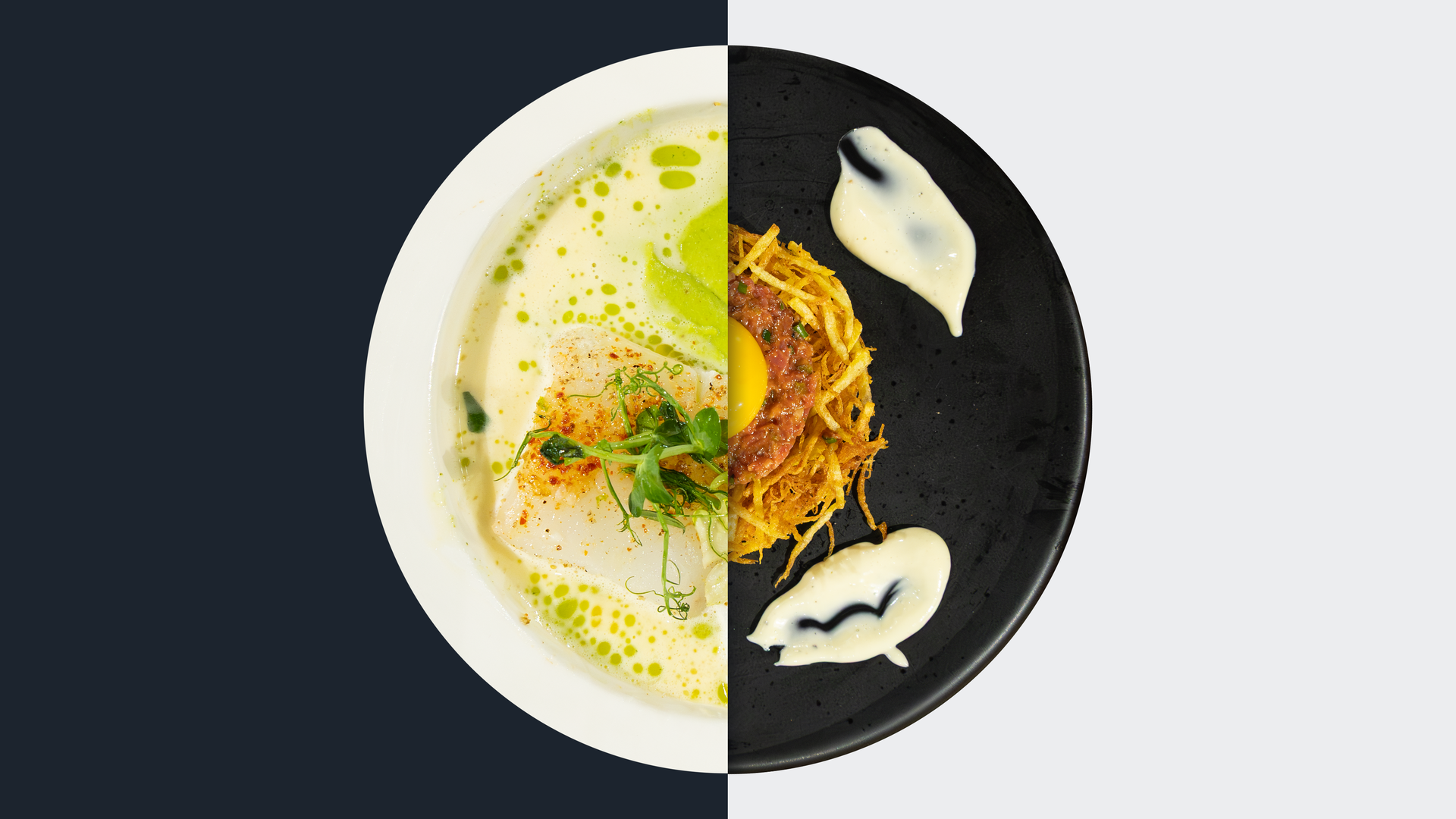 Gebratener Skrei vs. Rindertatar auf Kartoffelstroh