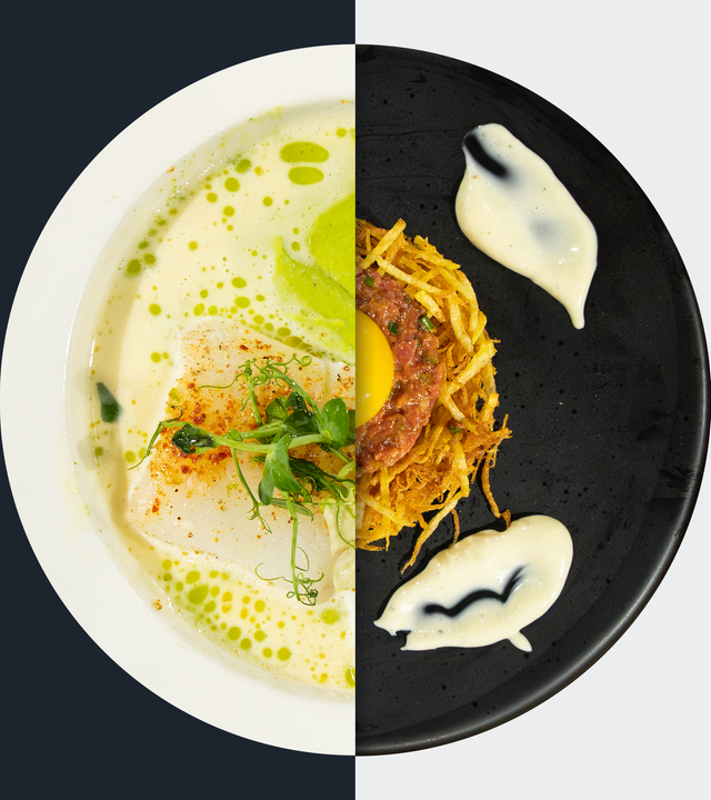 Gebratener Skrei vs. Rindertatar auf Kartoffelstroh