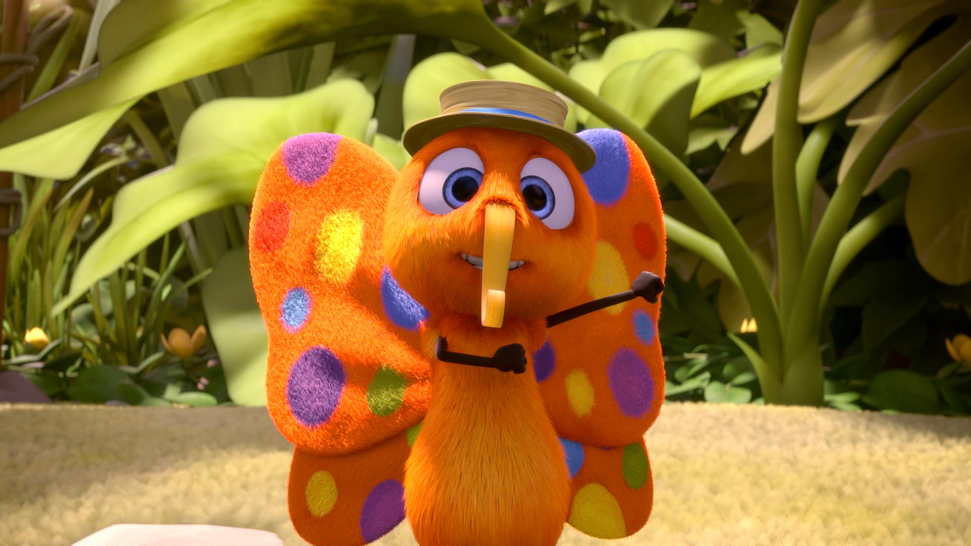 Schmetterlingsfalter Walter trägt einen Hut und tanzt. Er hat einen glücklichen Gesichtsausdruck.